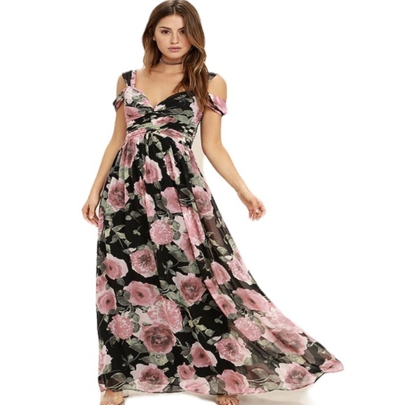 Lulus Give Me Amore Black and Pink Floral Print Maxi Dress, New With Tags - Picture 1 of 12
